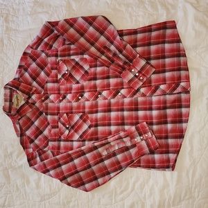 Men's WRANGLER Red Plaid Pearl Snap Long Sleeve Shirt SZ Large